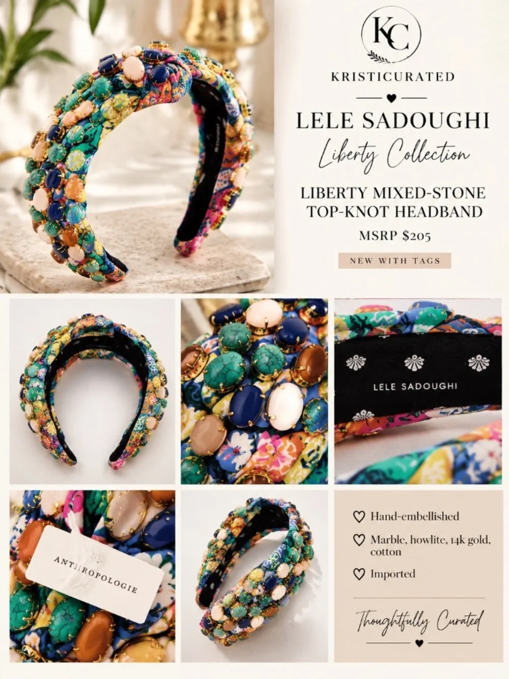 Lele Sadoughi Liberty London Mixed Stone Top Knot Headband NWT